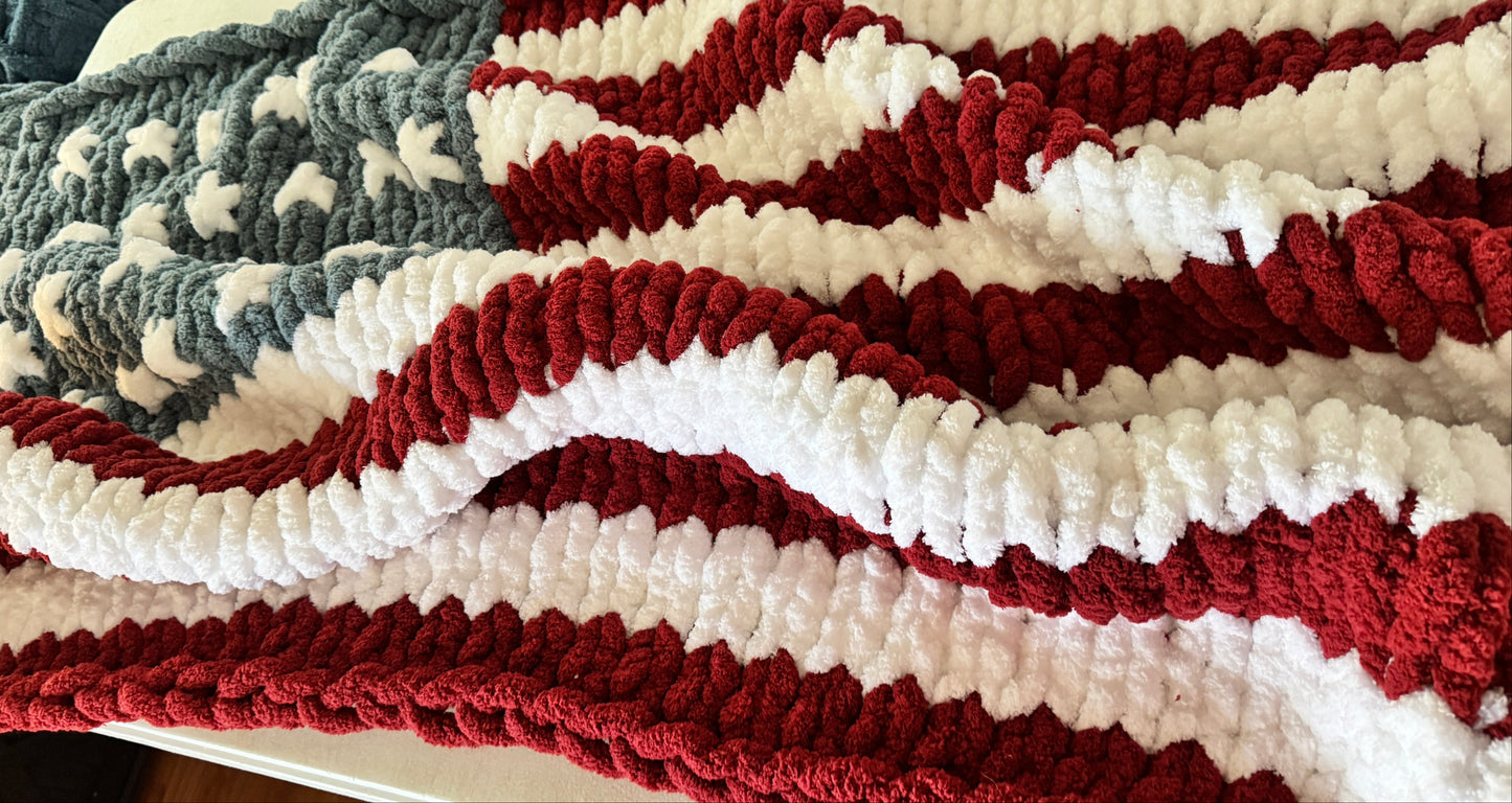 American Flag Hand Knit blanket for all military families. Navy, Army, Air Force, Marines.