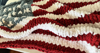 American Flag Hand Knit blanket for all military families. Navy, Army, Air Force, Marines.