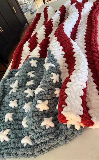 American Flag Hand Knit blanket for all military families. Navy, Army, Air Force, Marines.