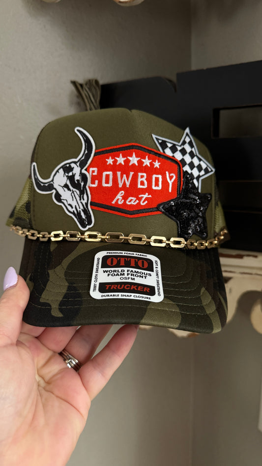 Camo 5-panel Western Theme Trucker Hat with patches and chain