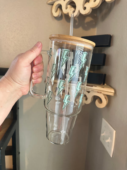40oz Glass Tumbler with Lightning Bolts, Bamboo Lid and Your Choice of Glass Or Plastic Straw, 40oz Custom Glass Tumbler