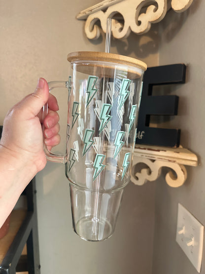 40oz Glass Tumbler with Lightning Bolts, Bamboo Lid and Your Choice of Glass Or Plastic Straw, 40oz Custom Glass Tumbler