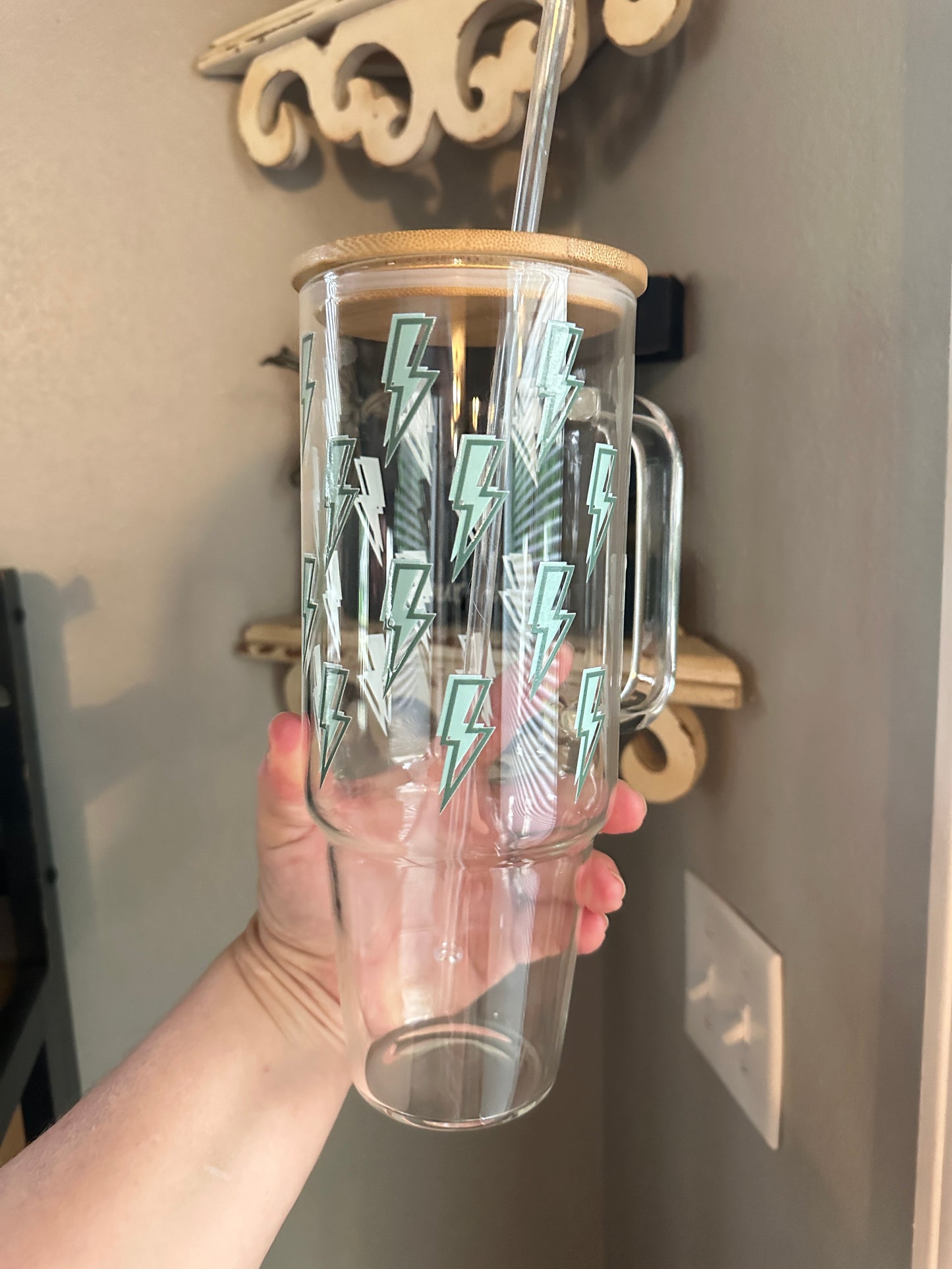 40oz Glass Tumbler with Lightning Bolts, Bamboo Lid and Your Choice of Glass Or Plastic Straw, 40oz Custom Glass Tumbler