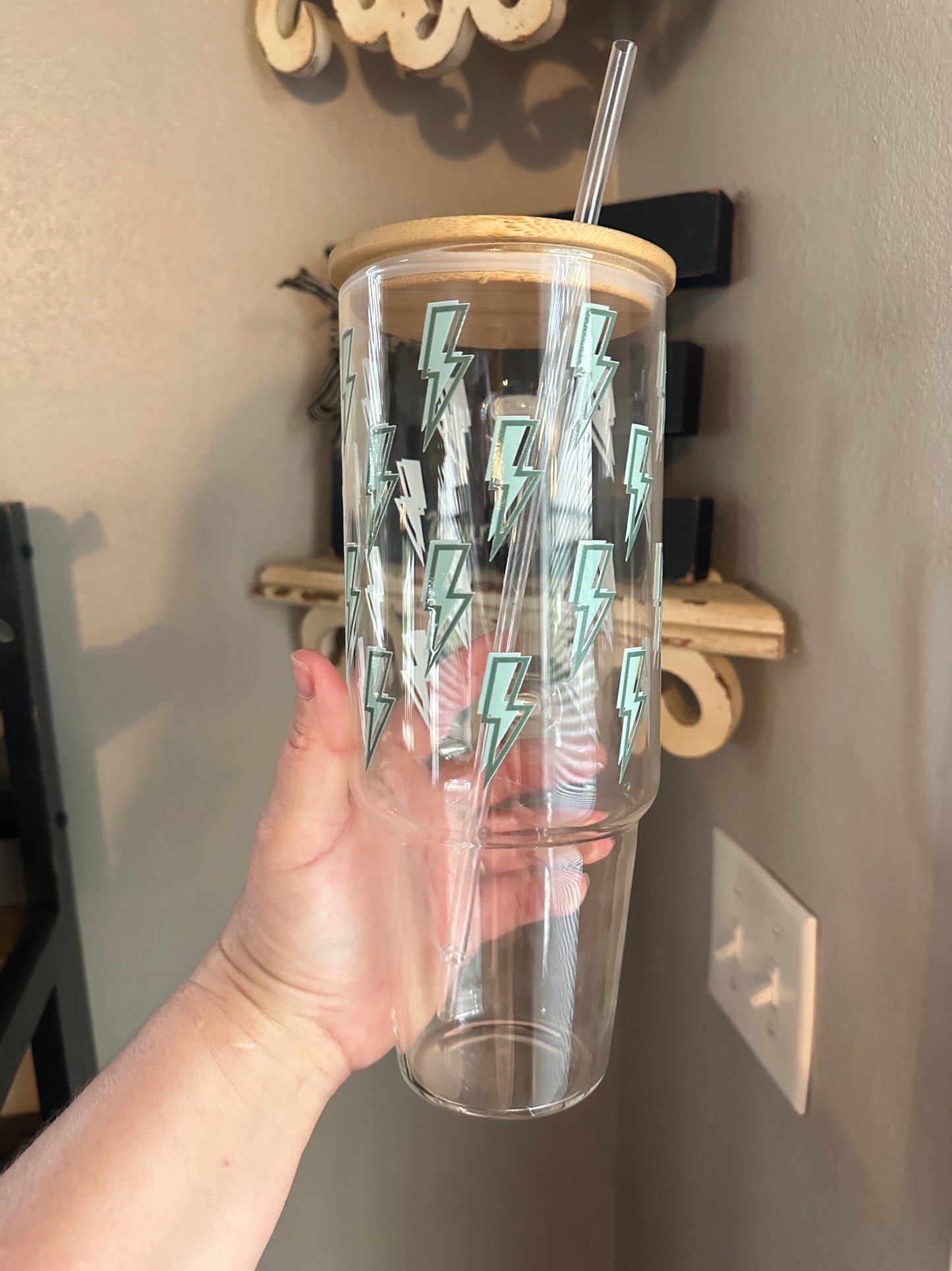 40oz Glass Tumbler with Lightning Bolts, Bamboo Lid and Your Choice of Glass Or Plastic Straw, 40oz Custom Glass Tumbler