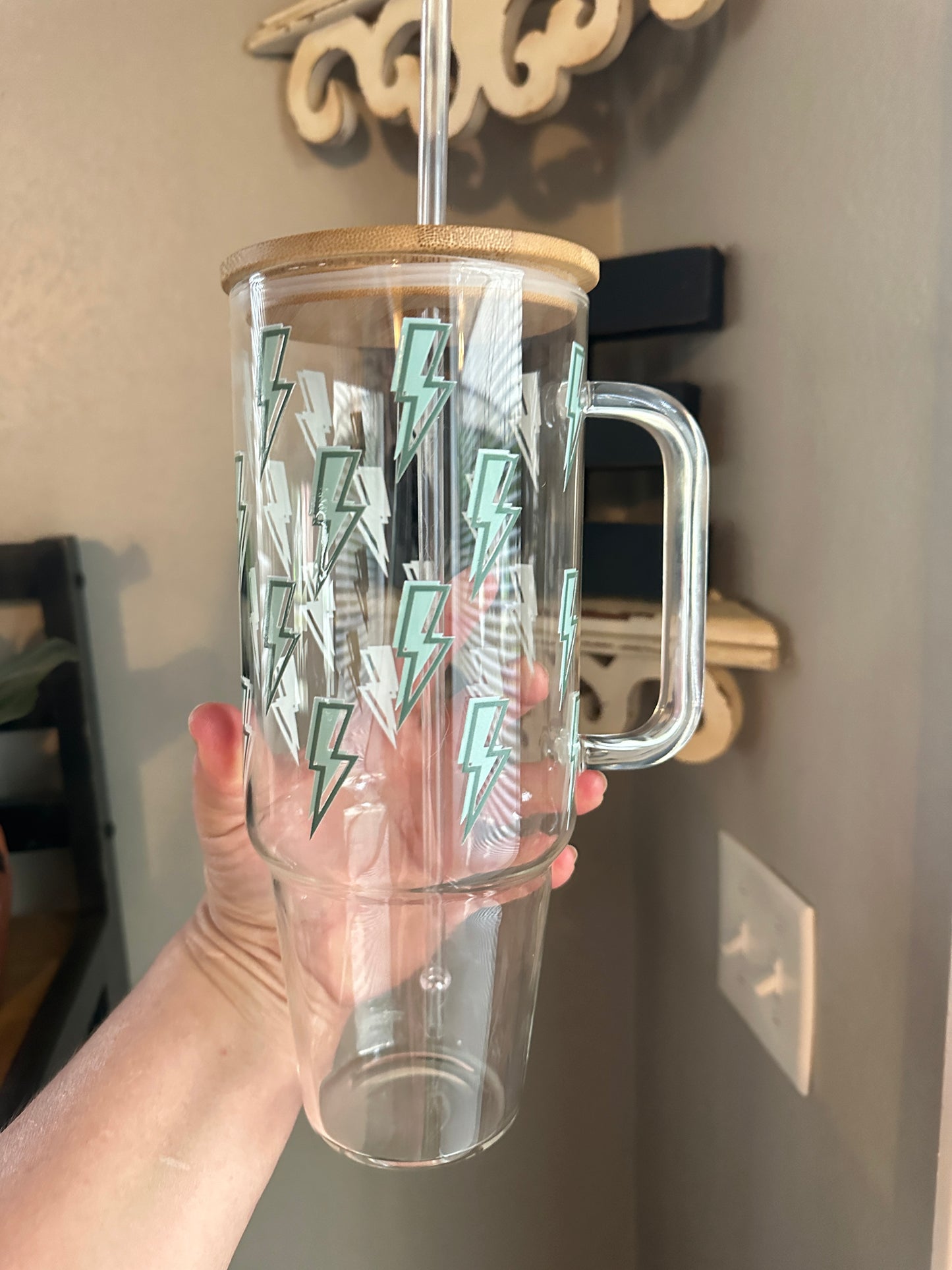 40oz Glass Tumbler with Lightning Bolts, Bamboo Lid and Your Choice of Glass Or Plastic Straw, 40oz Custom Glass Tumbler