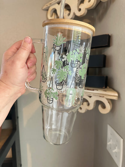 40oz Glass Tumbler with Bamboo Lid and Your Choice of Glass Or Plastic Straw, 40oz Custom Glass Tumbler with Plants for your favorite plant lover