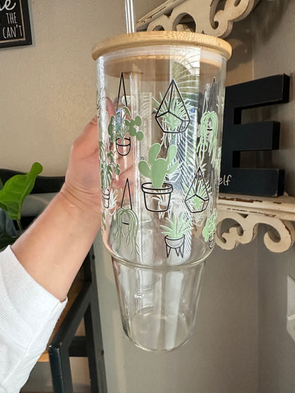 40oz Glass Tumbler with Bamboo Lid and Your Choice of Glass Or Plastic Straw, 40oz Custom Glass Tumbler with Plants for your favorite plant lover