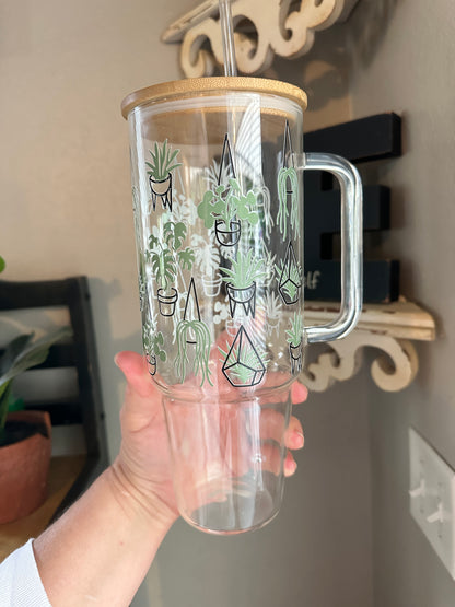 40oz Glass Tumbler with Bamboo Lid and Your Choice of Glass Or Plastic Straw, 40oz Custom Glass Tumbler with Plants for your favorite plant lover