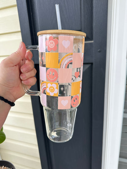 40oz Glass Tumbler with Bamboo Lid and straw,Retro Checkered Smiley Rainbow glass tumbler with handle, 40oz Custom Glass Tumbler , Retro checkered 40oz tumbeler