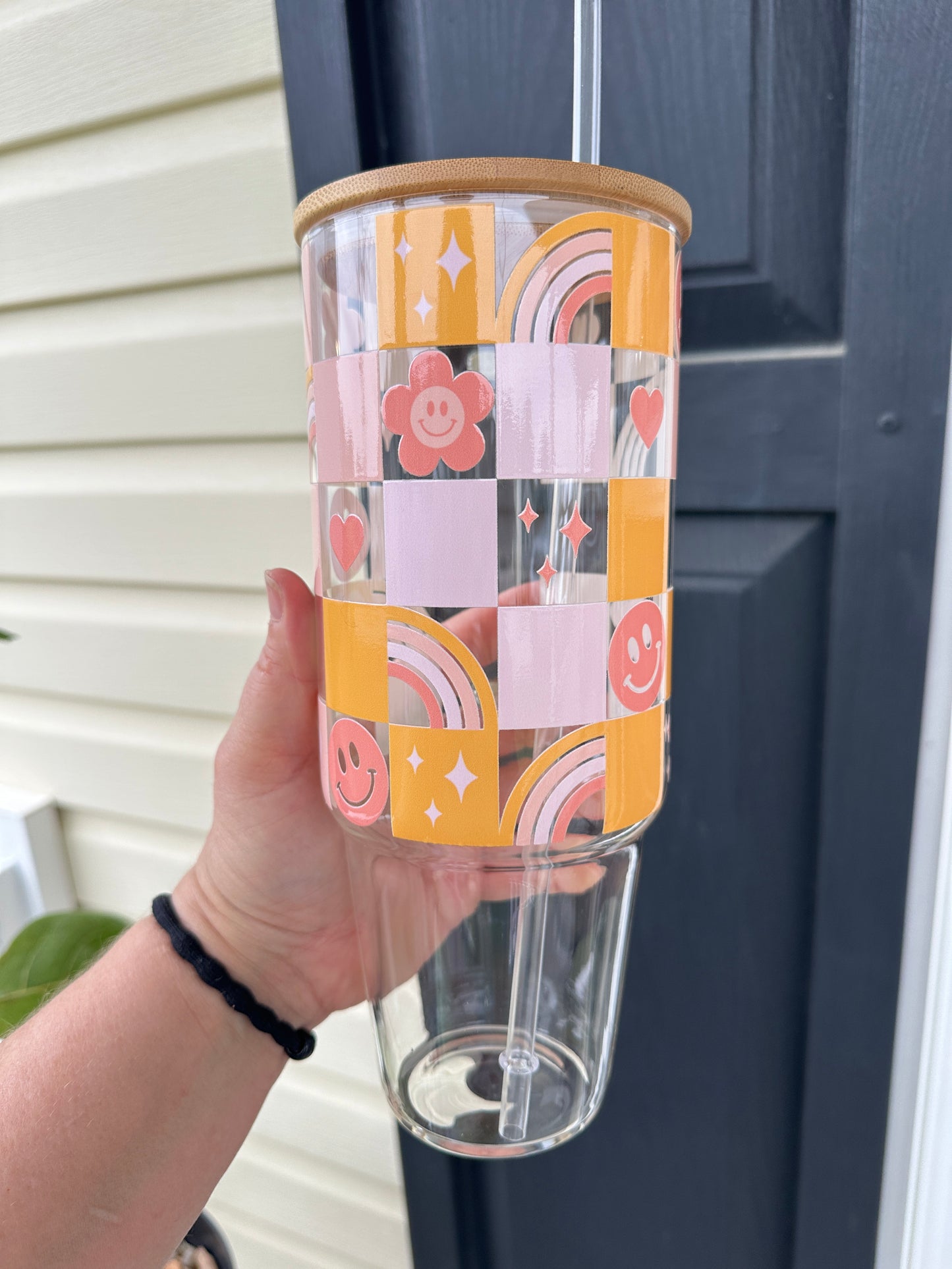 40oz Glass Tumbler with Bamboo Lid and straw,Retro Checkered Smiley Rainbow glass tumbler with handle, 40oz Custom Glass Tumbler , Retro checkered 40oz tumbeler