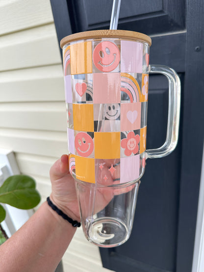 40oz Glass Tumbler with Bamboo Lid and straw,Retro Checkered Smiley Rainbow glass tumbler with handle, 40oz Custom Glass Tumbler , Retro checkered 40oz tumbeler