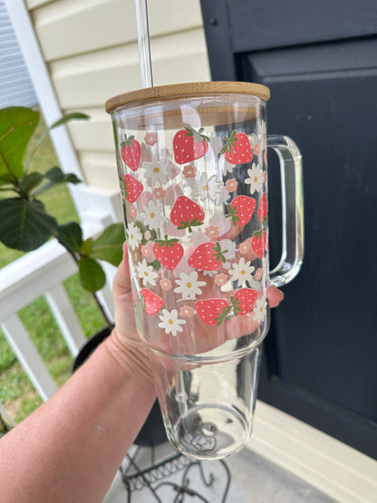 40oz Glass Tumbler with Bamboo Lid and straw, Strawberry tumbler with handle, 40oz Custom Glass Tumbler , Strawberries and Daisies, Strawberry gifts