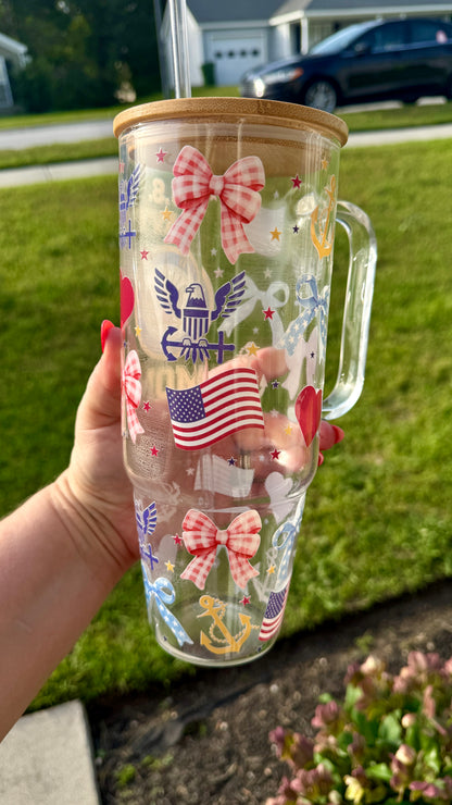 40oz Glass Tumbler with Bamboo Lid and straw, Navy family glass tumbler with handle, Viral 40oz Glass Tumbler with handle, Cute Halloween glass, Cat Lover glass tumbler