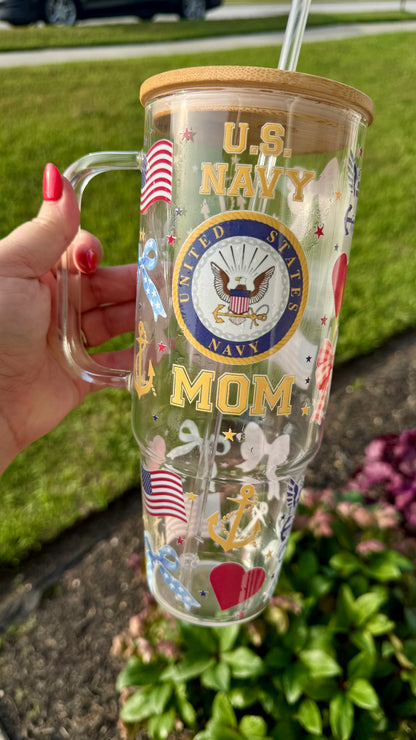 40oz Glass Tumbler with Bamboo Lid and straw, Navy family glass tumbler with handle, Viral 40oz Glass Tumbler with handle, Cute Halloween glass, Cat Lover glass tumbler