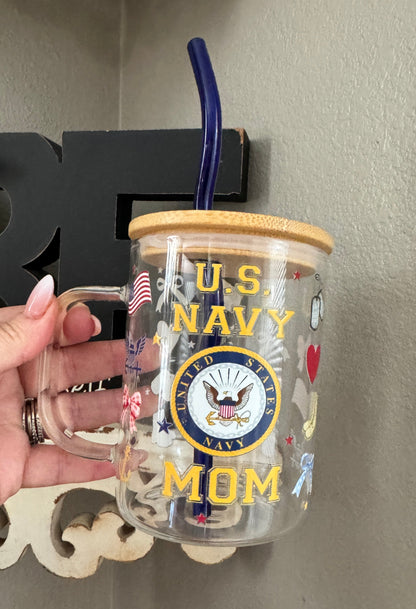 Glass Tumbler with Bamboo Lid and straw, Navy family glass tumbler