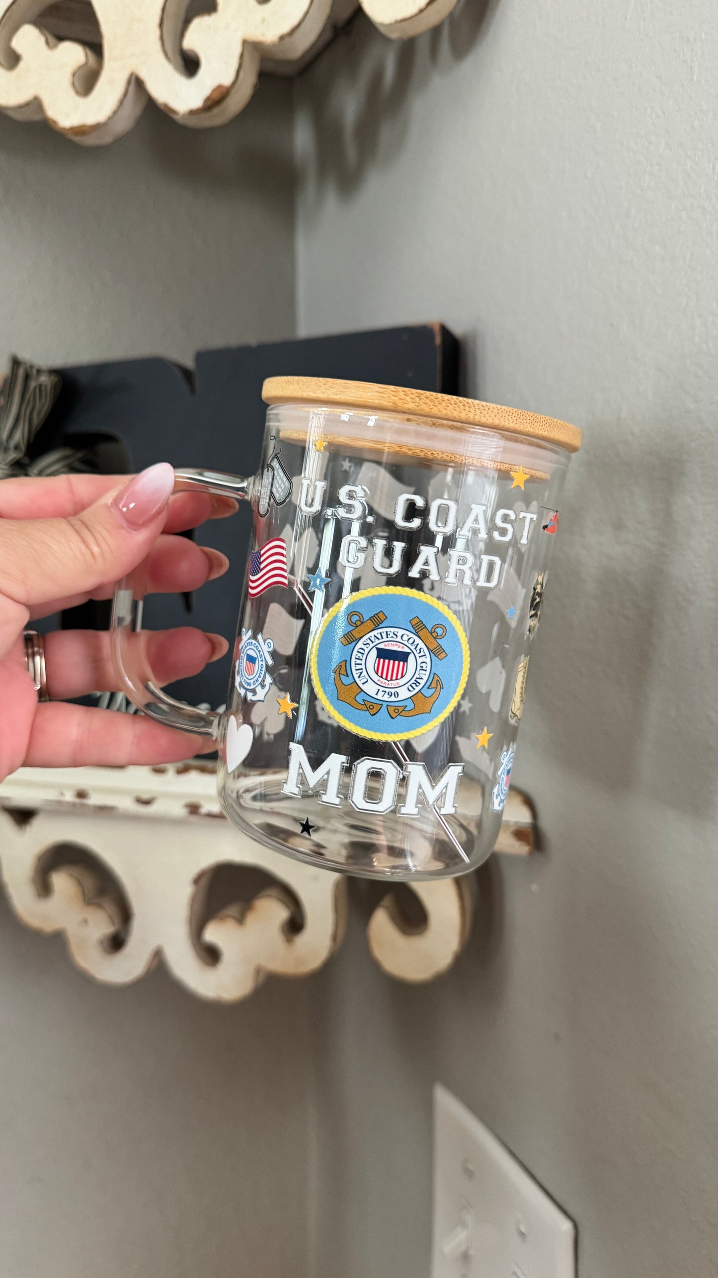 Coast Guard Family 17oz  Glass mug with Bamboo Lid and glass straw
