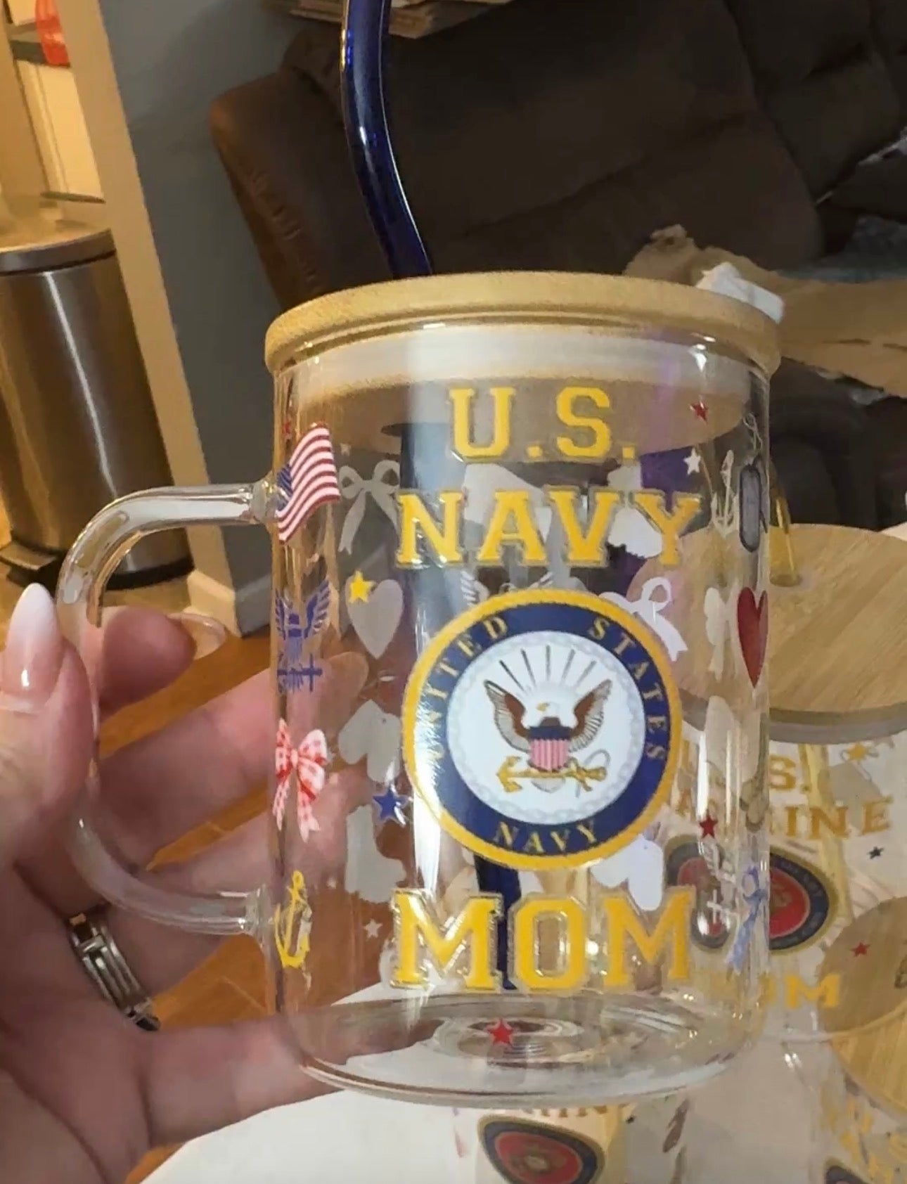 Navy Family 17oz  Glass mug with Bamboo Lid and glass straw