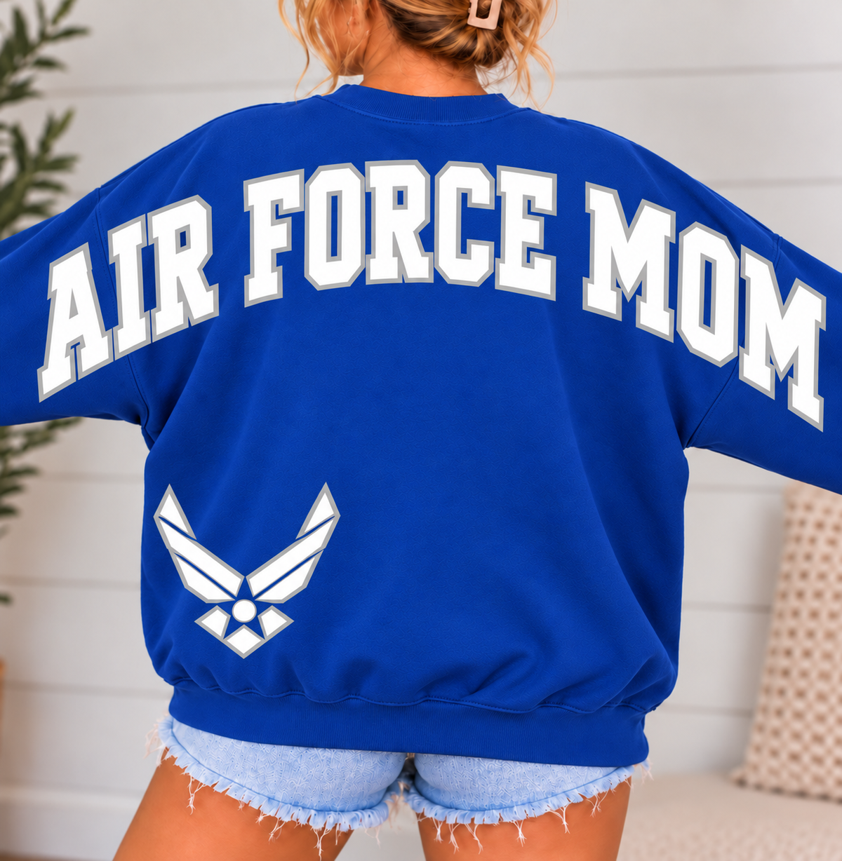 Air Force Mom Varsity Crewneck Sweatshirt with Front & Back Anchor Design