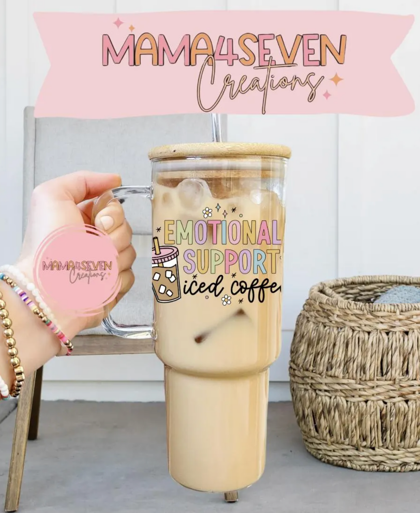 40oz Glass Tumbler with Bamboo Lid and straw, Emotional Support Coffee glass tumbler with handle, Viral 40oz Glass Tumbler with handle, Cute mental health tumbler