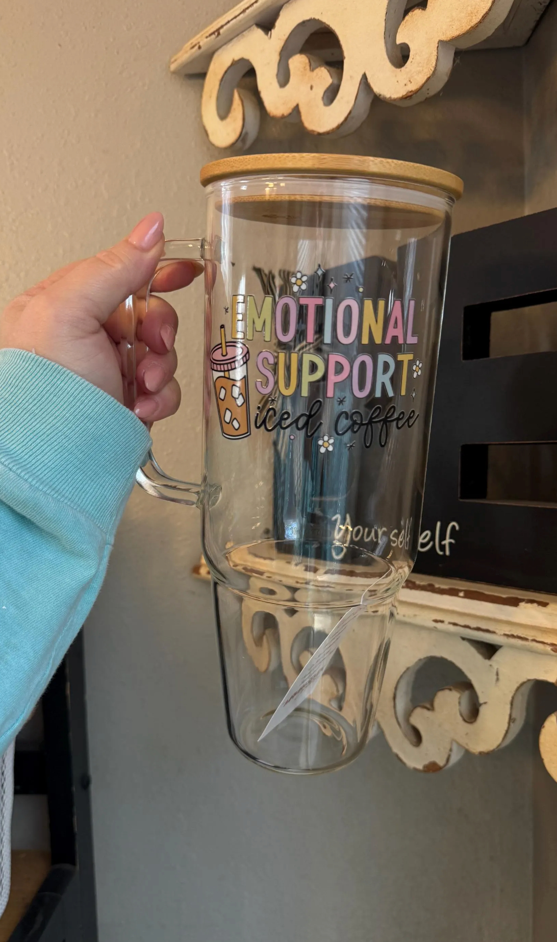 40oz Glass Tumbler with Bamboo Lid and straw, Emotional Support Coffee glass tumbler with handle, Viral 40oz Glass Tumbler with handle, Cute mental health tumbler