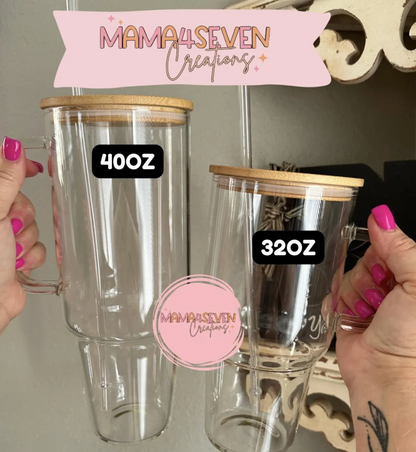 40oz Glass Tumbler with Bamboo Lid and straw, Coquette Bow and Daisy glass tumbler with handle, Viral 40oz Glass Tumbler with handle, Cute 40oz Bow tumbler