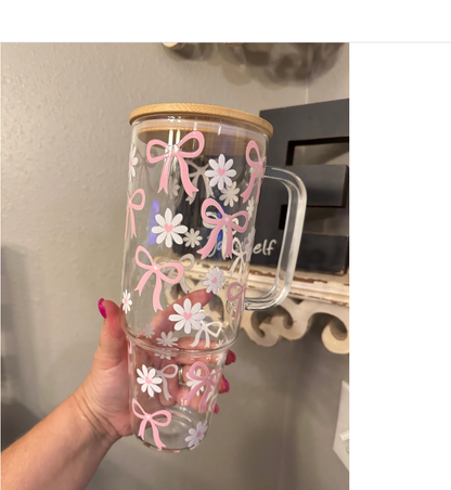 40oz Glass Tumbler with Bamboo Lid and straw, Coquette Bow and Daisy glass tumbler with handle, Viral 40oz Glass Tumbler with handle, Cute 40oz Bow tumbler