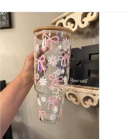 40oz Glass Tumbler with Bamboo Lid and straw, Coquette Bow and Daisy glass tumbler with handle, Viral 40oz Glass Tumbler with handle, Cute 40oz Bow tumbler