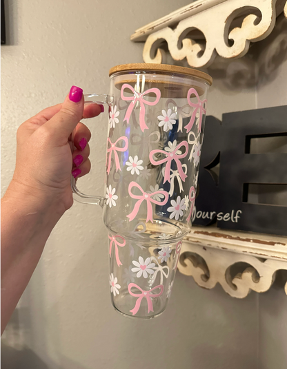40oz Glass Tumbler with Bamboo Lid and straw, Coquette Bow and Daisy glass tumbler with handle, Viral 40oz Glass Tumbler with handle, Cute 40oz Bow tumbler