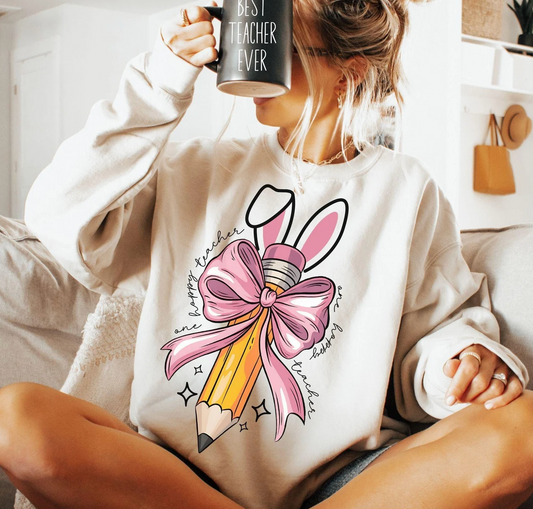 Easter Teacher sweatshirt or t-shirt, Pencil Coquette Bow with Bunny Ears, Cute Easter Teacher Shirt