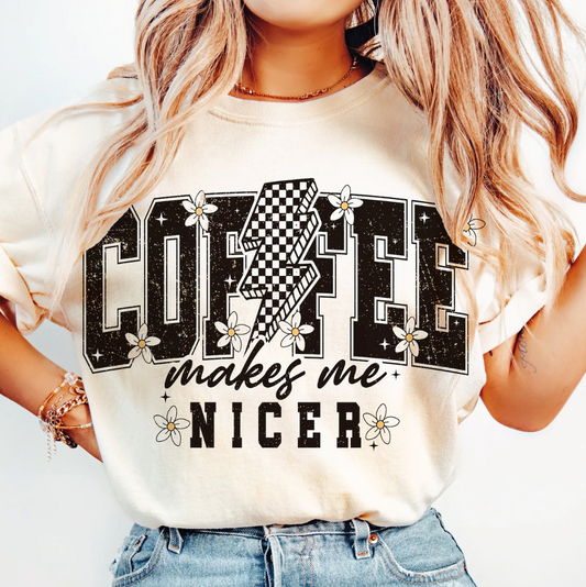 Comfort Colors Coffee Makes me Nicer shirt, Coffee Lover Shirt, Retro Daisy and Checkerboard Lightning shirt