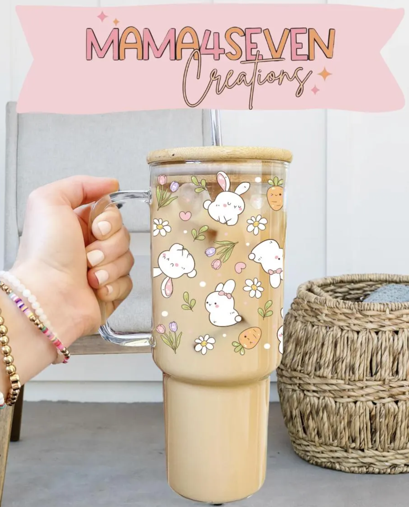 40oz Glass Tumbler with Bamboo Lid and straw, Cute Bunny Coffee Glass, Bunny 40oz Clear Glass Tumbler with Handle, Easter Glass Tumbler with Handle, Cute Spring Glass Tumbler