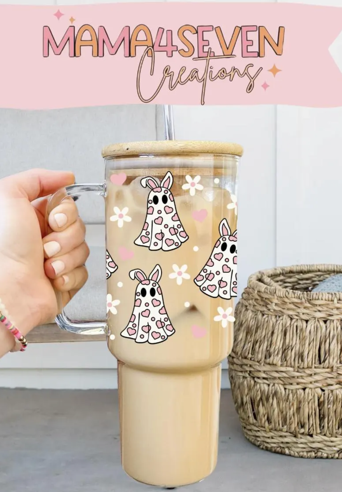 40oz Glass Tumbler with Bamboo Lid and straw, Ghost Bunny Coffee Glass, Ghost Bunny 40oz Clear Glass Tumbler with Handle, Easter Glass Tumbler with Handle, Cute Spring Glass Tumbler