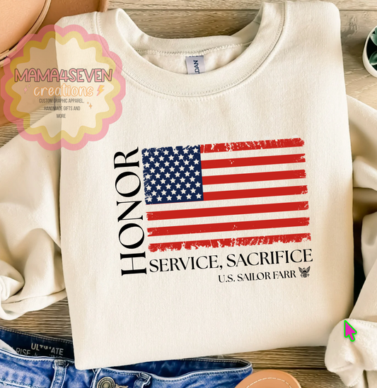 Navy Family Tattered Flag shirt, Honor, Sacrifice, Service