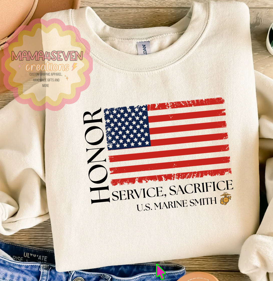Marine Family Tattered Flag shirt, Honor, Sacrifice, Service