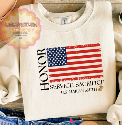 Marine Family Tattered Flag shirt, Honor, Sacrifice, Service