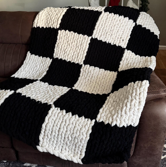Checkerboard Hand Knitted Chunky Blanket