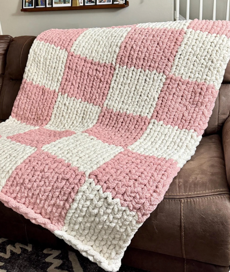 Checkerboard Hand Knitted Chunky Blanket