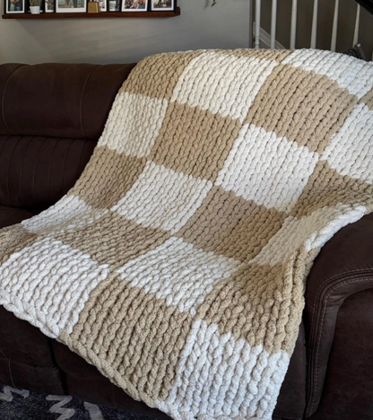 Checkerboard Hand Knitted Chunky Blanket
