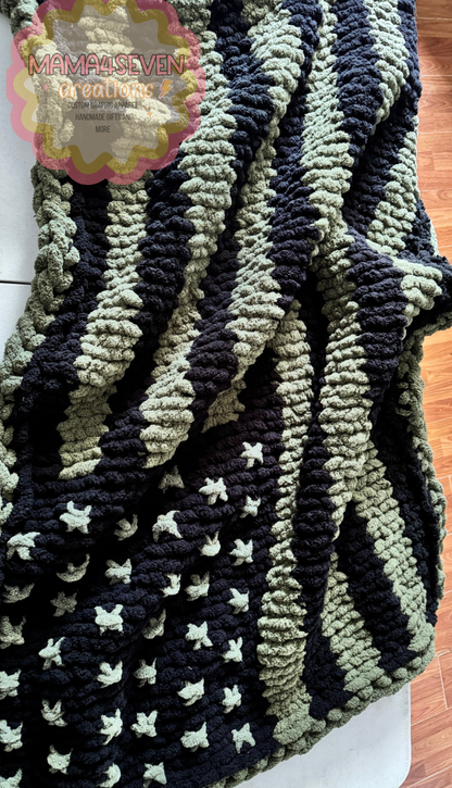 OD Green and Black American Flag Hand Knit blanket for all military families. Navy, Army, Air Force, Marines.