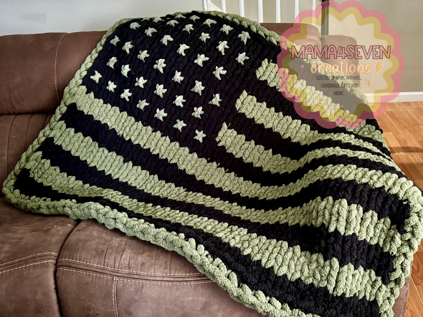 OD Green and Black American Flag Hand Knit blanket for all military families. Navy, Army, Air Force, Marines.