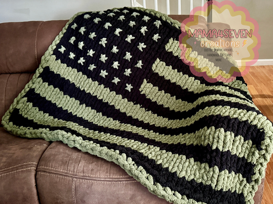 OD Green and Black American Flag Hand Knit blanket for all military families. Navy, Army, Air Force, Marines.