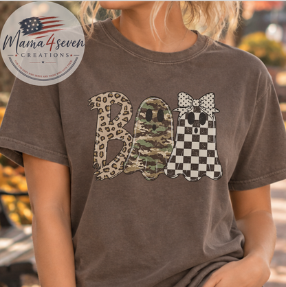BOO Leopard Camo Checkered Halloween Comfort Colors® Tee & Sweatshirt | Espresso