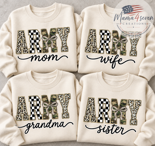 Army Family Checkerboard, Camo, Cheetah with Bow