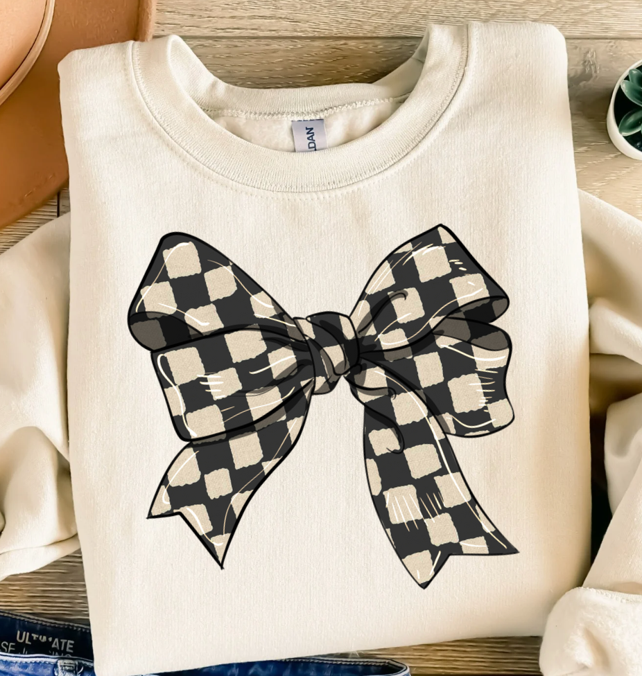 Checkered Coquette Bow Sweatshirt, Checkerboard Bow Shirt, Cozy Sweatshirts, Viral Bow Sweatshirts