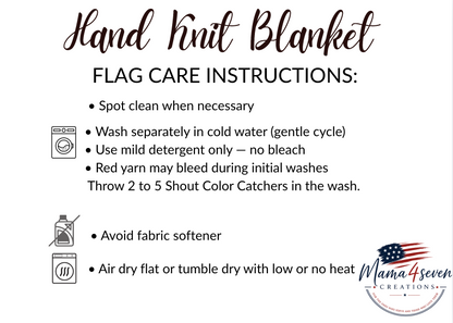 American Flag Hand Knit blanket for all military families. Navy, Army, Air Force, Marines.