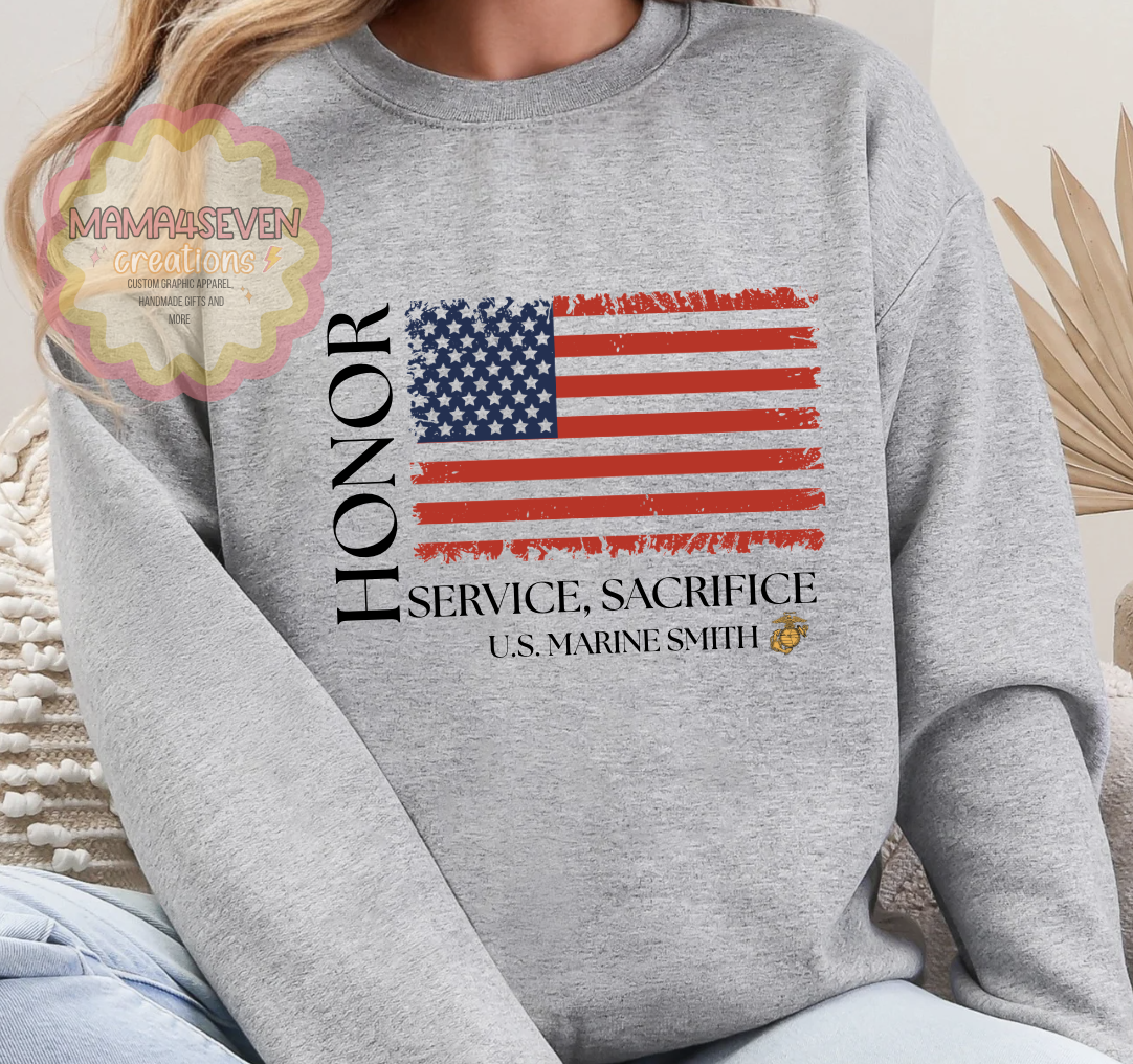 Marine Family Tattered Flag shirt, Honor, Sacrifice, Service