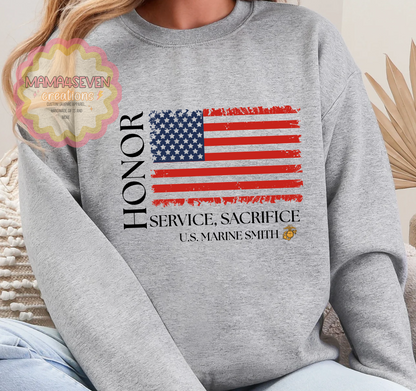 Marine Family Tattered Flag shirt, Honor, Sacrifice, Service