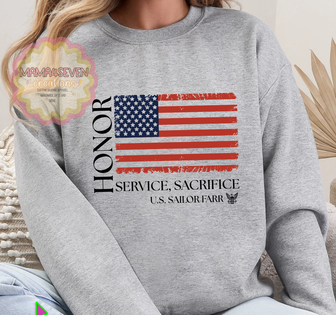 Navy Family Tattered Flag shirt, Honor, Sacrifice, Service