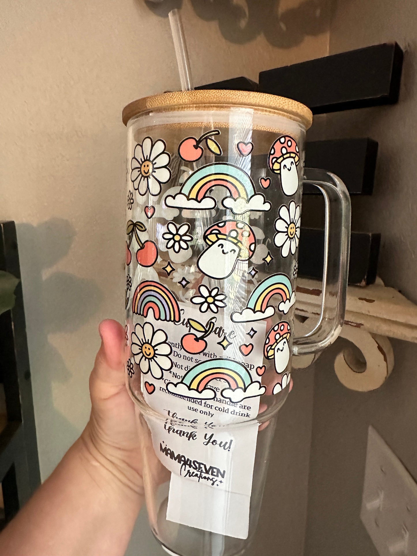 40oz Glass Tumbler, 40oz Glass with handle, mushrooms & Daisy glass tumbler with handle , Coffee Glass, Viral Glass Tumbler with handle,