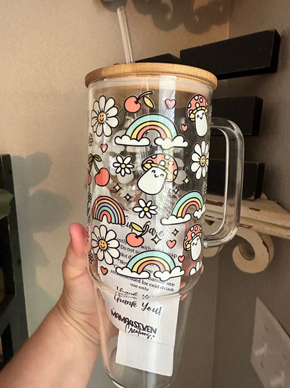 40oz Glass Tumbler, 40oz Glass with handle, mushrooms & Daisy glass tumbler with handle , Coffee Glass, Viral Glass Tumbler with handle,